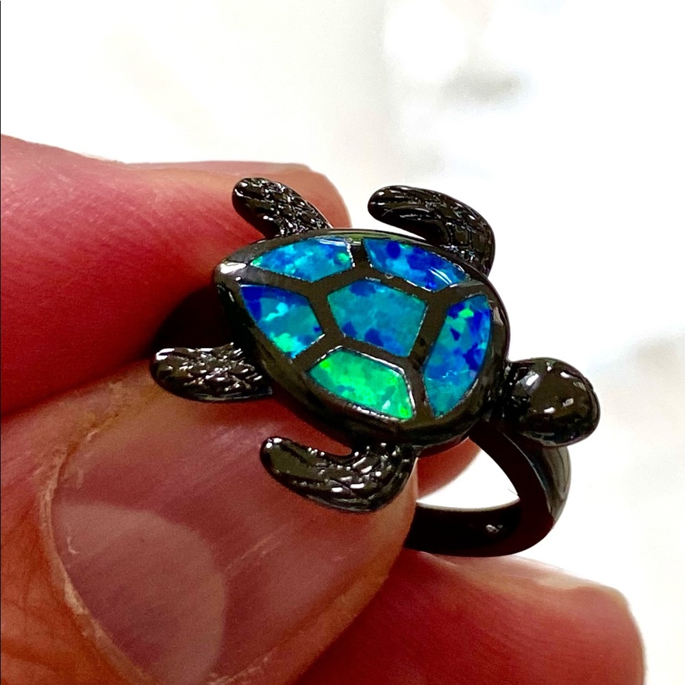 Blue fire opal Turtle 🐢 ring. Black gold plated.